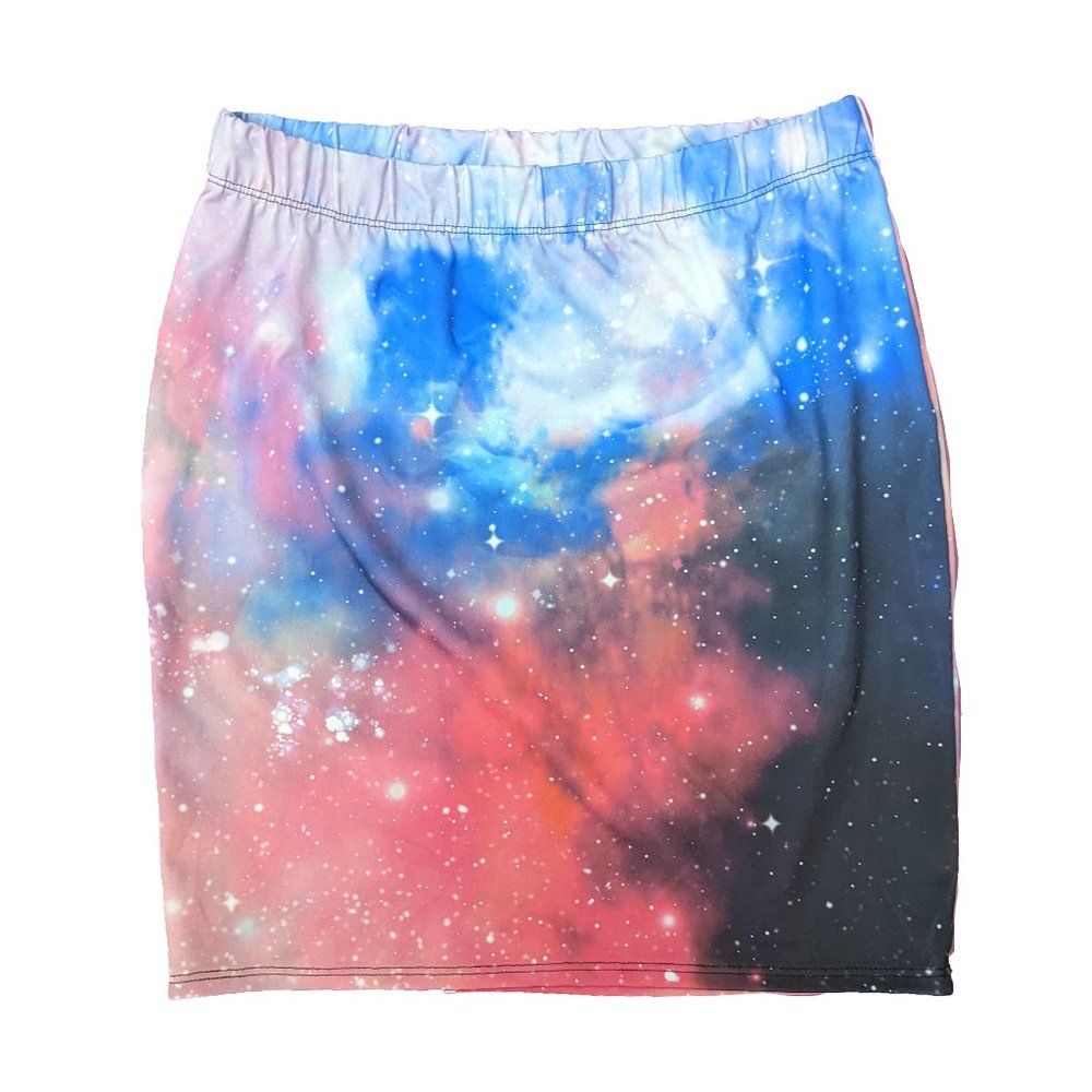 High Waisted Nebula Space Mini Skirt - Raver, Raver, EDM, Festival Party Outfit